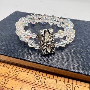 Vintage 2-strand crystal bead bracelet rhinestone clasp aurora borealis